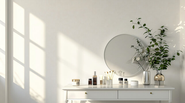 Dressing table with professional cosmetics near light
