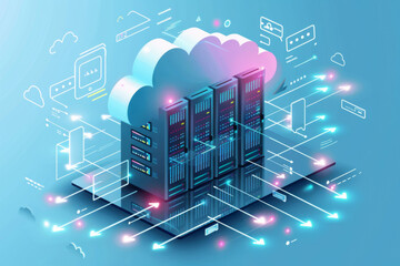 Fototapeta premium Illustrative image of computer servers on clouds representing cloud computing.Cloud Network Solution digital background. Cyber Security and Cloud Technology Concept.
