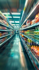 An aisle in a grocery store with the shelves blurred due to motion.