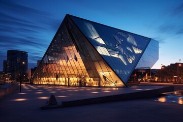 Modern Triangular Prism Art Museum Illuminated at Dusk, Reflecting the Vibrant City Lights on its Glass Facade