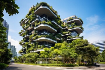A Staggered High-Rise Building with Sky Gardens, Featuring a Unique Architectural Design and Lush Greenery Against a Clear Blue Sky