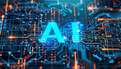 AI generated illustration of a blue computer chip with "ai" inscription, glowing under blue light