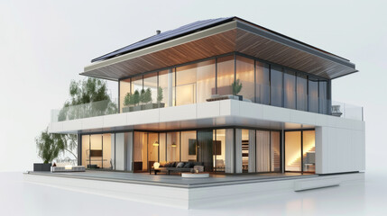 3D model of modern house with solar panels on white background