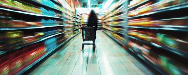 A grocery store with a long aisle.