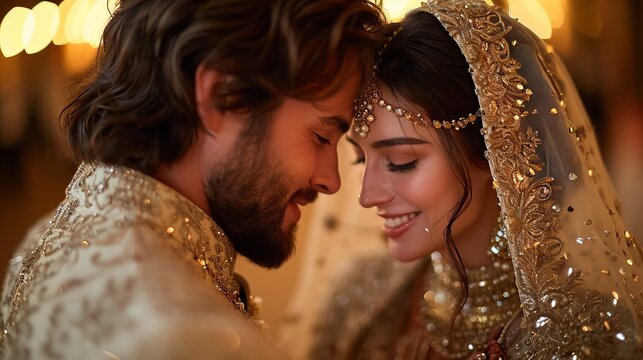Pakistani cute couple in marriage ceremony - beautiful young bride and groom in traditional dress