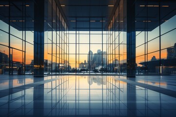 Obraz premium Modern Office Building Architecture Featuring a Series of Glass Archways at Ground Level Providing a Unique Perspective