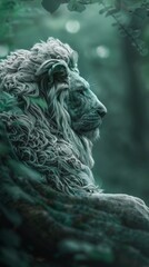 Chimera resting in a mythical forest, serene and powerful, with a soft, green blurred background for a calm effect