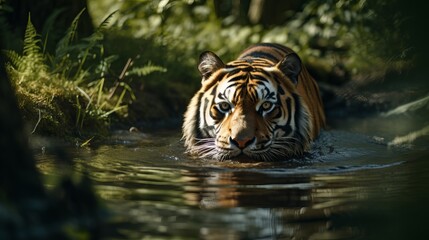A tiger slowly moving in water for prey - Survival of the fittest Concept