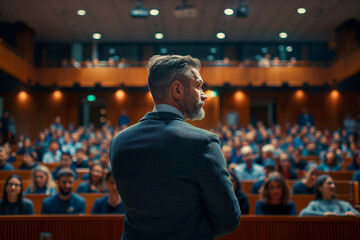Fototapeta premium Successful businessman delivering speech at conference. Captures leadership, public speaking and professional growth. Ideal for business, educational, and motivational uses