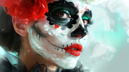 Close-up of a woman face with dramatic Day of the Dead makeup. Mexican Dia de los Muertos Banner