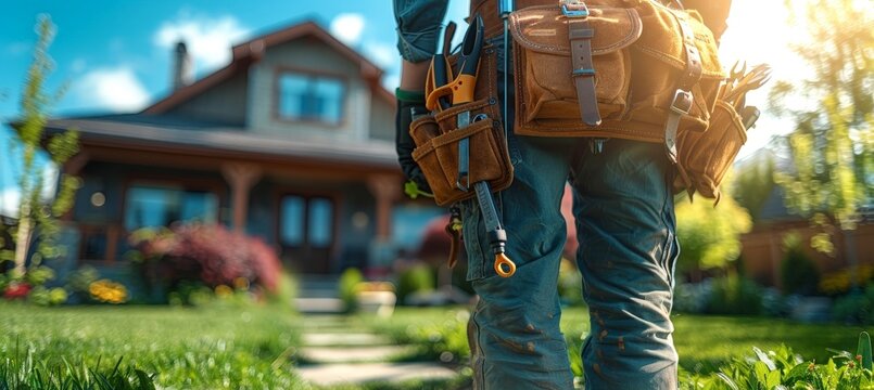 Home service technician with a tool belt in front of a house