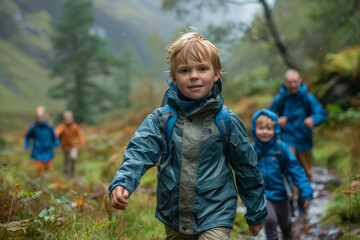 Outdoor Adventure - Active Family Wear: A family with children hiking in the mountains or exploring nature, dressed in outdoor active wear, enjoying the adventure and the natural beauty around them.