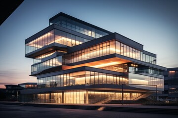 A Modern Layered Horizontal Commercial Building with Wide Terraces, Illuminated by the Setting Sun