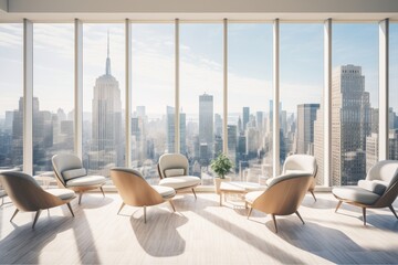 A Spacious Sand Beige Office Lounge with Modern Furniture, Large Windows, and a Stunning City View