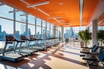 A Modern Office Gym with Peach Colored Walls, High-Tech Equipment, Large Windows Overlooking the City, and Employees Engaging in a Workout Session