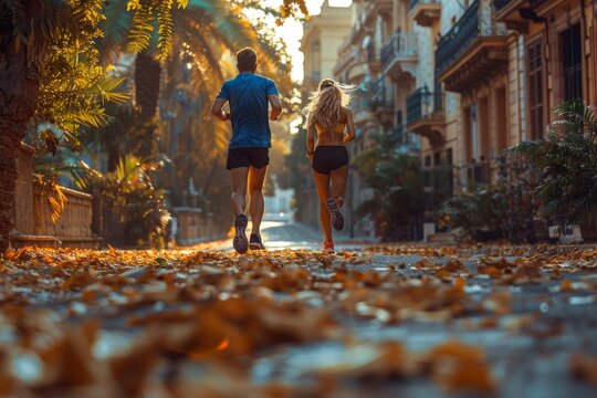 A couple jogs together on a path covered with fallen autumn leaves, amidst city architecture
