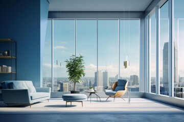 An Ice Blue Office Space with a Calm and Relaxing Vibe, Featuring Modern Furniture, Large Windows, and Minimalist Decor