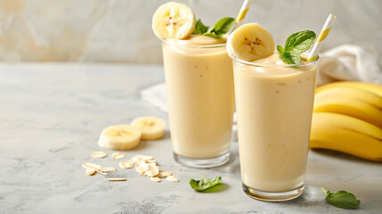 Glasses of tasty banana smoothie on light background -