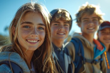 Close-up of three youths smiling brightly against a natural backdrop, representing friendship