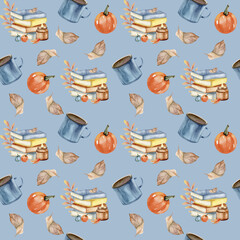 Autumn leaves, pumpkin, cup of coffee and composition with books seamless pattern on blue.Watercolor hand drawn background for studying stationery, notebook, fall festival decoration. Vintage scrap