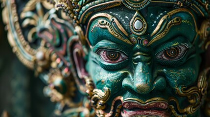 Fototapeta premium Closeup of Nagas face, hypnotic eyes and ornate headgear, set against a clean, deep green background