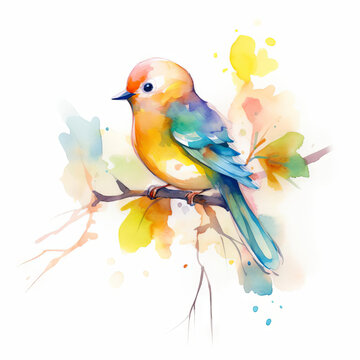 A beautiful watercolor painting of a colorful bird sitting on a branch. The bird has bright yellow, orange, and blue feathers. The background is a wash of light blue and yellow.