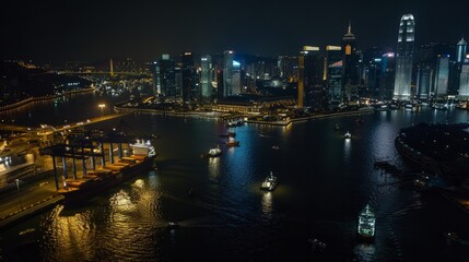The dynamic skyline of a bustling port city at night, with skyscrapers illuminated against the darkened sky and the lights of cargo ships reflecting in the water below