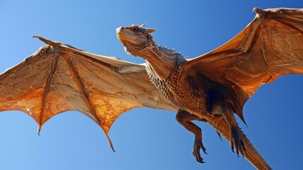 Fototapeta premium Dragon in flight under a clear blue sky, detailed scales and wings fully extended, symbolizing freedom and power
