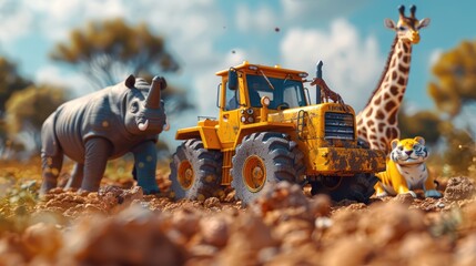 A yellow bulldozer face to face with wild animals (an elephant, a lion, a rhinoceros and a giraffe). Conceptual image. This is a 3d render illustration.Generative AI
