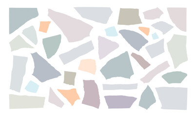 Pieces of torn paper of different shapes, sizes and colors with uneven edges for text design, children's creativity. Geometric abstract simple vector background on white.
