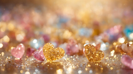 Crystal glass hearts backdrop. Dreamy romantic concept with gems on the shiny surface. Uplifting,...