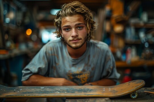 Confident young male with a skateboard in a rustic craft workshop setting