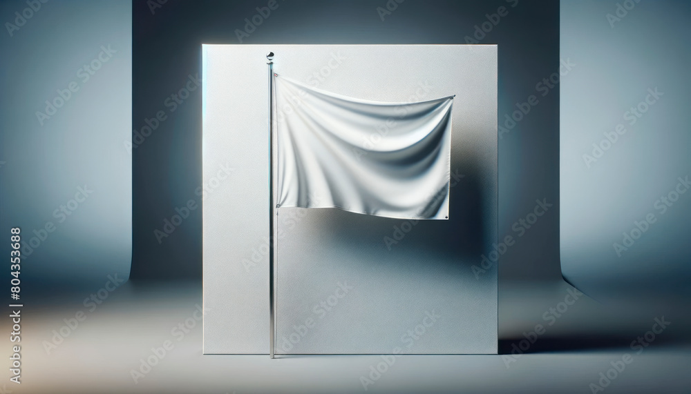 Poster a blank fabric banner mounted on a metallic pole against a textured backdrop, concept of branding pr