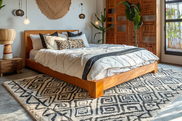 A statement area rug with bold geometric patterns anchoring a bedroom design.