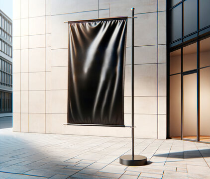 An empty black banner mockup on a sidewalk with a modern building background, depicting a concept of advertising space. Generative AI