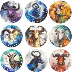 Nine watercolor illustrations of horned animals on a starry background.