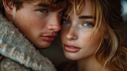 Obraz premium Attractive young romantic Russian couple fashion model - closeup photography love wallpaper