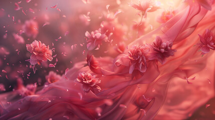 pink flowers swirling amidst sheer, flowing fabrics.