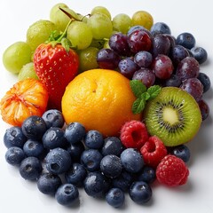 An assortment of fruits including strawberries, blueberries, grapes, kiwi, orange and raspberries.