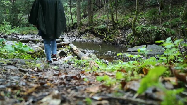 Forest therapy. A girl stands near a tree and river doing breathing practice and mentally talking to nature. Communication with the coniferous forest and unity with nature