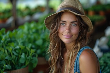 Young attractive woman in a hat smiling among potted plants in a greenhouse