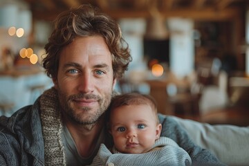 A heartwarming image of a father lovingly holding his baby, captured in a cozy, well-lit room with soft bokeh
