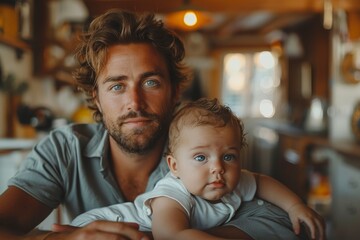 An attractive young man with striking blue eyes holds a toddler, expressing family connections