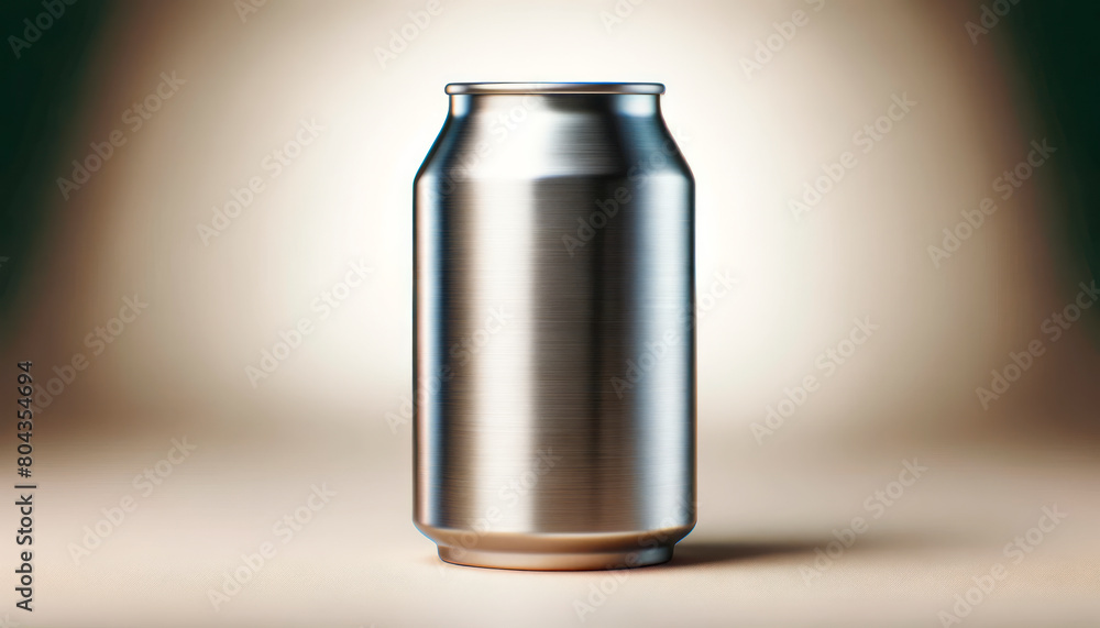 Poster a blank aluminum can on a light beige bokeh background, ideal for a branding mockup. generative ai