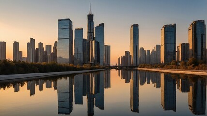 Mirror skyscrapers in the rays of the rising sun.