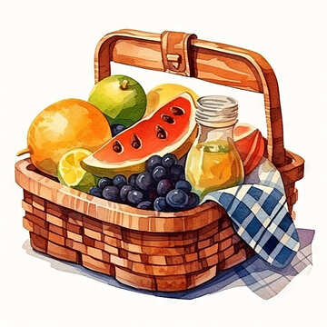 recommend clip art: A picnic basket filled with fresh fruits