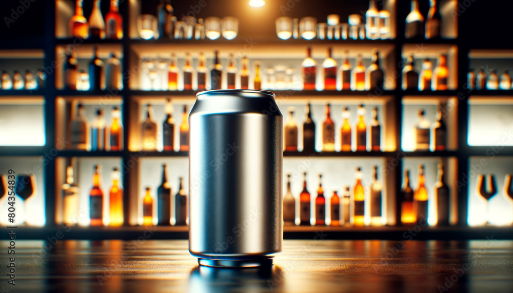 Poster A blank aluminum can in focus with a blurred array of backlit bottles in the background, ideal for product branding. Generative AI