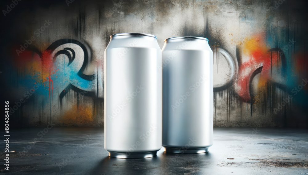 Poster two blank aluminum cans on a gritty background with colorful graffiti, ideal for product branding mo