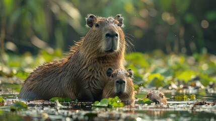 Adult and young Capybara (Hydrochoerus hydrochaeris); Puerto Maldonado, Peru Generative AI