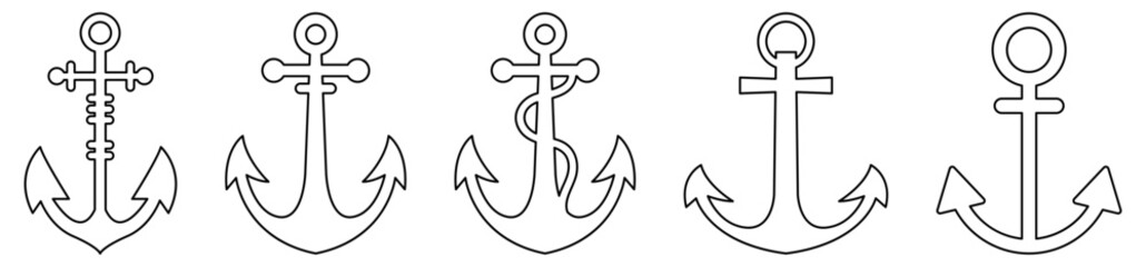 Set of outline anchor icons. Nautical symbol isolated on white background